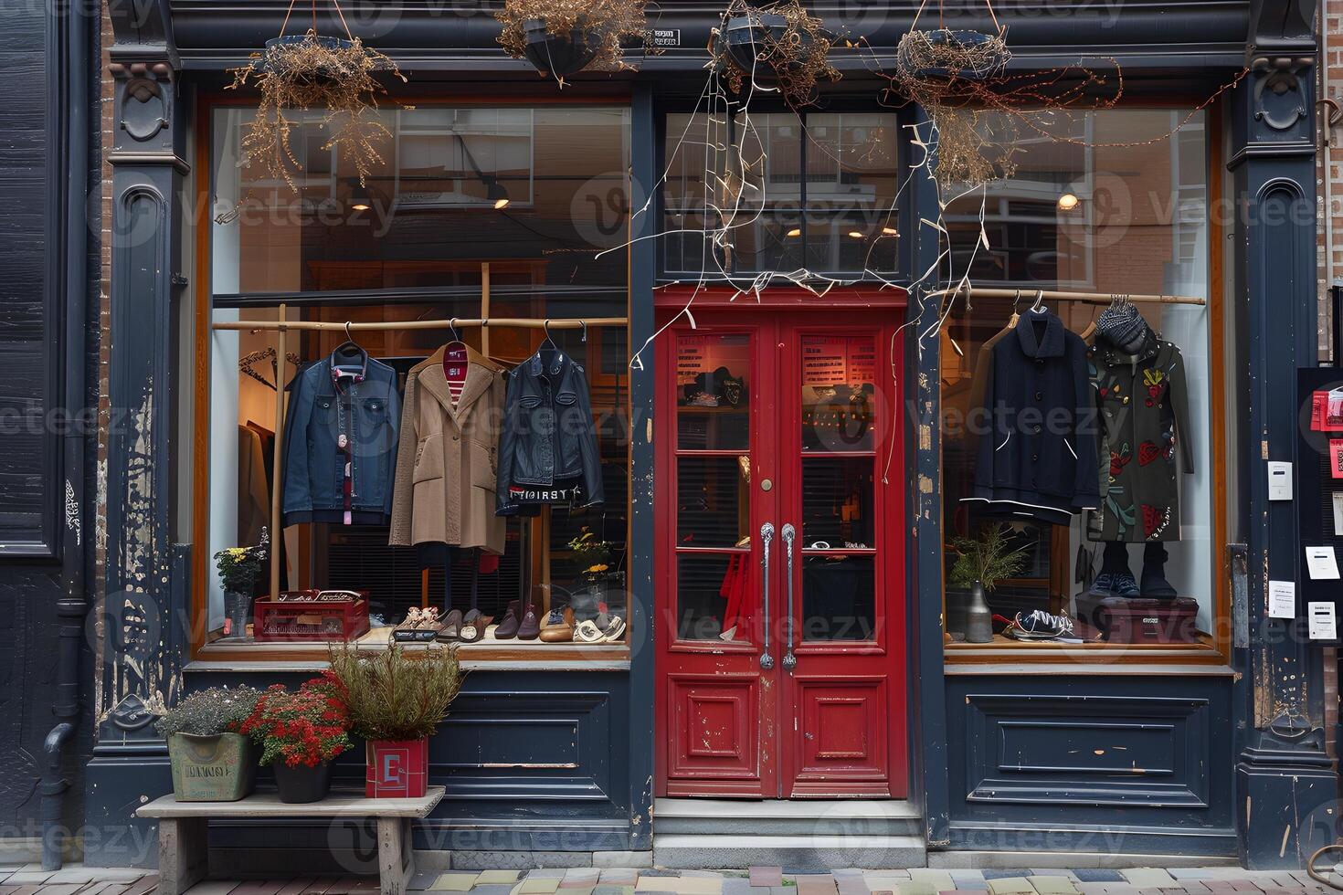 Storefront with a red door and bench outside photo