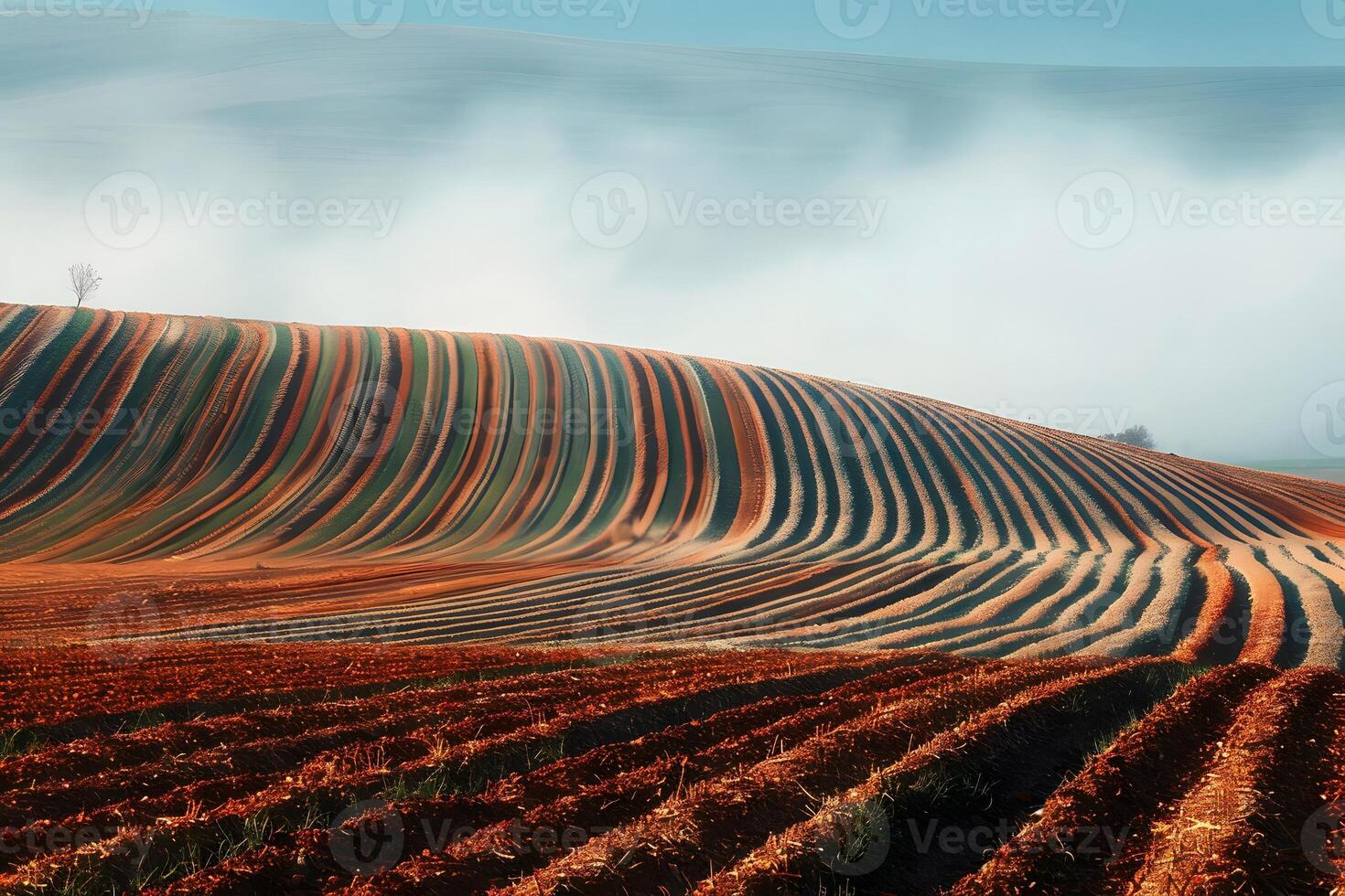 Field with a rainbow-colored grass and tree wave photo