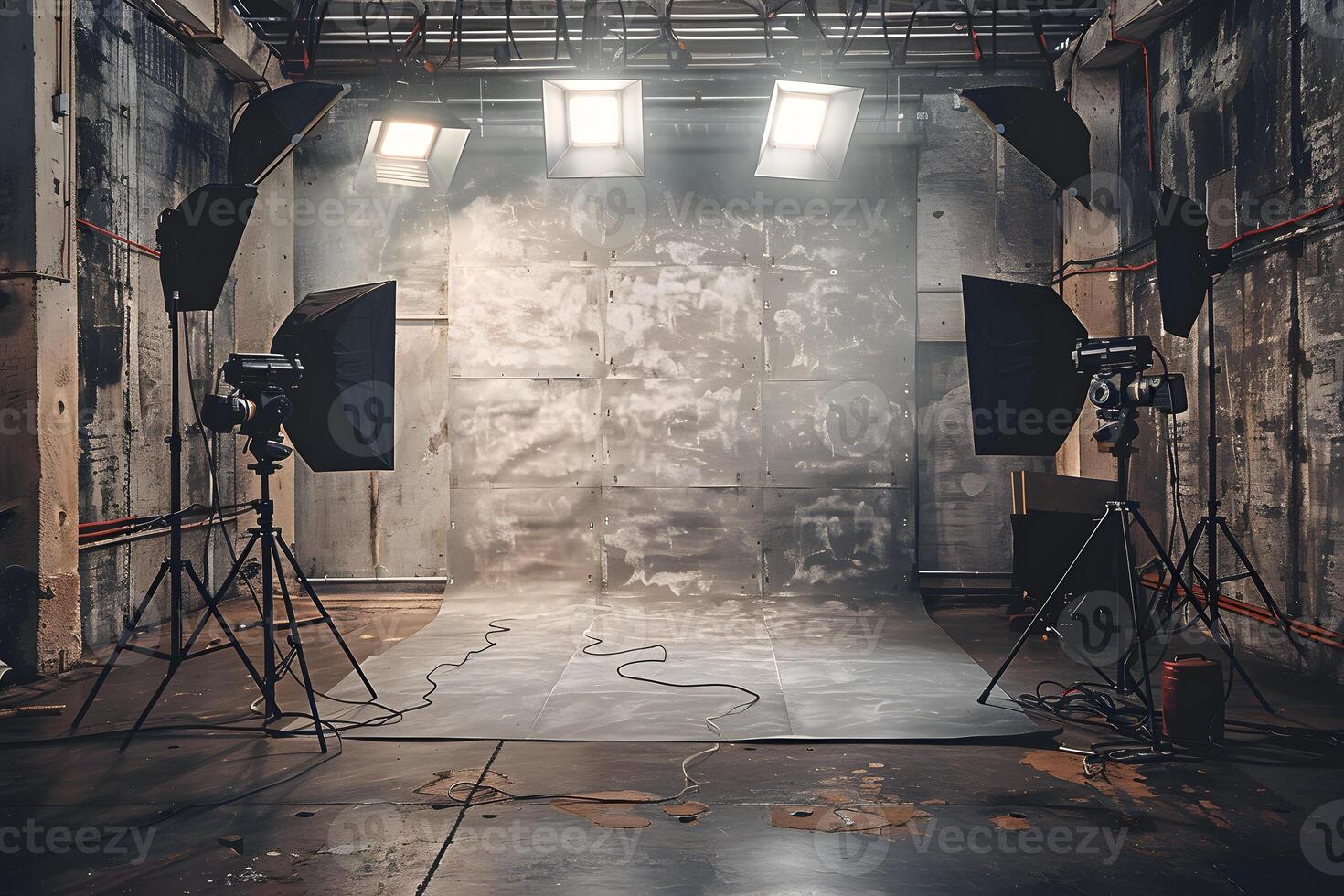 Studio setup with three lights and camera photo