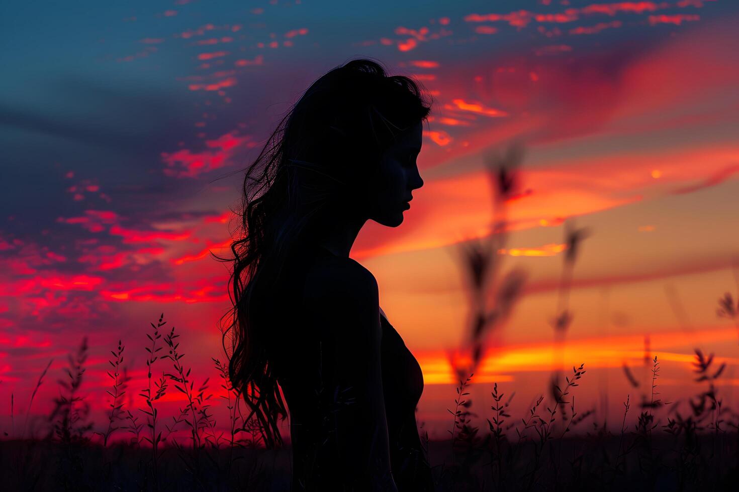 Woman in sunset field silhouette photo