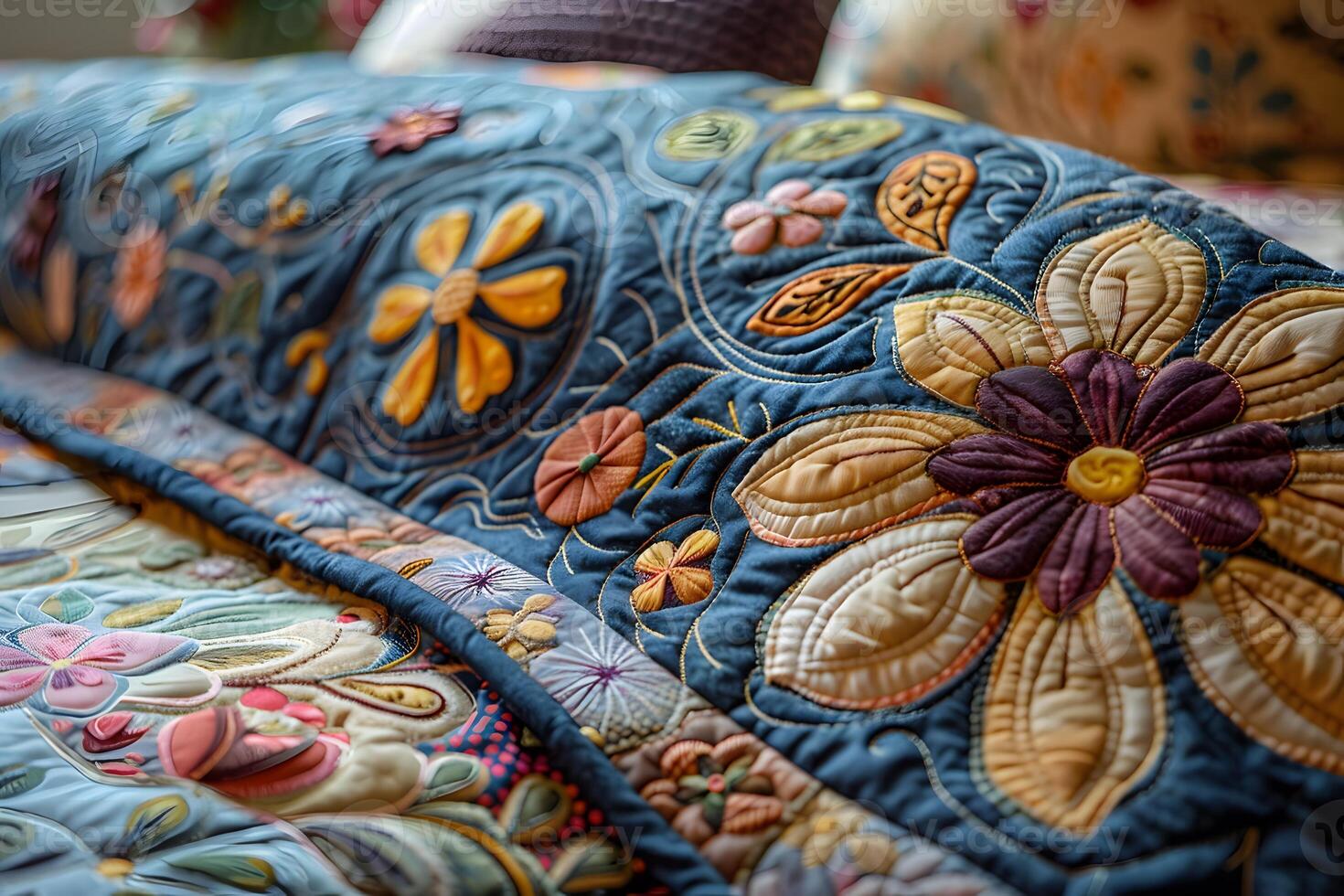 A close up of a quilted bed with a colorful flower design photo
