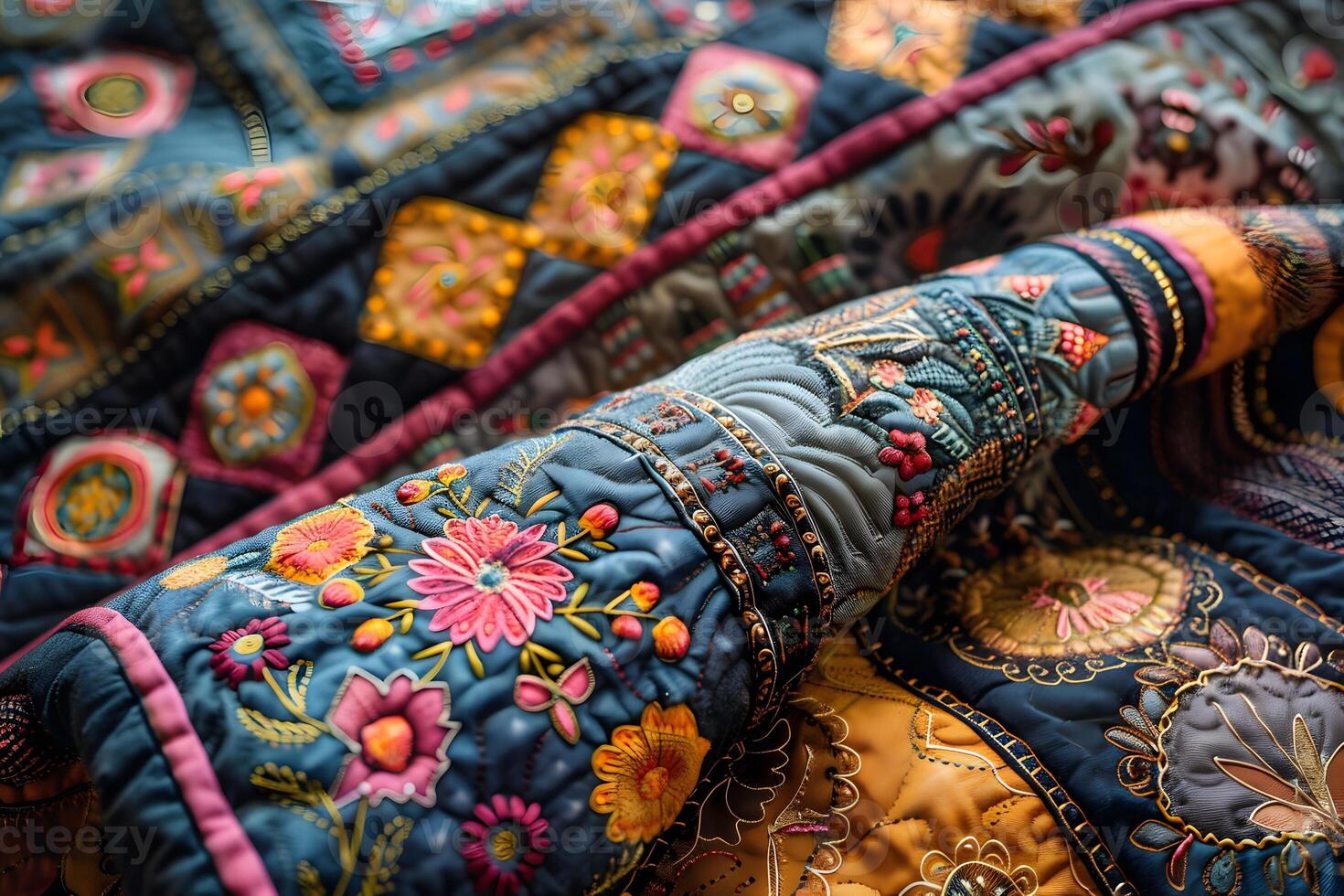 Close up of colorful quilted blanket with geometric design photo
