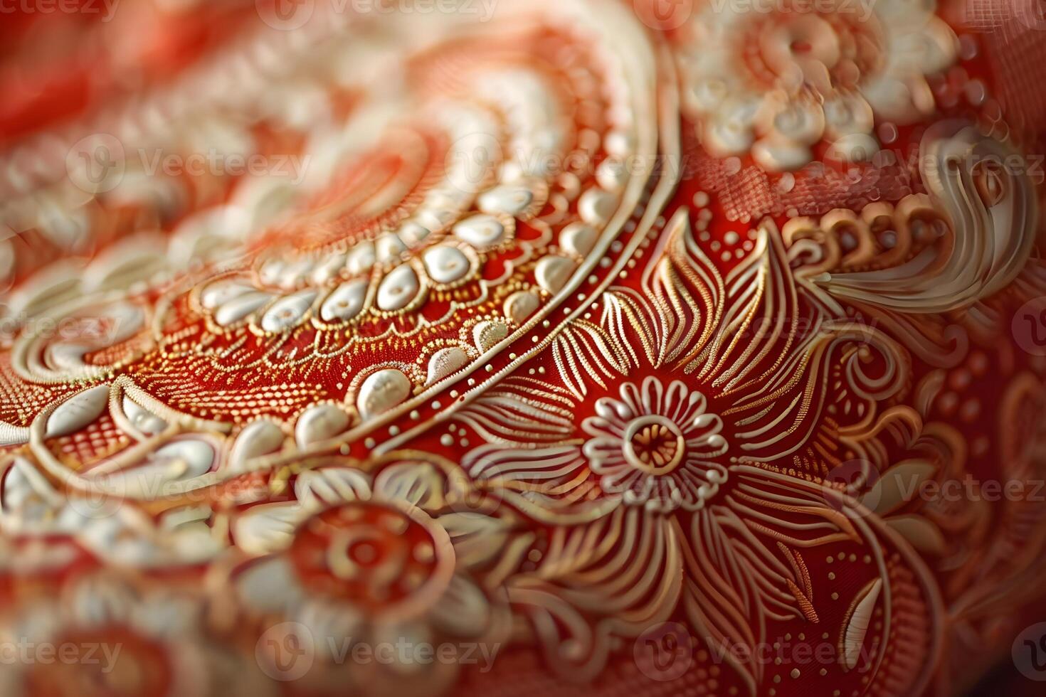 Close-up of red and gold paisley design on fabric photo