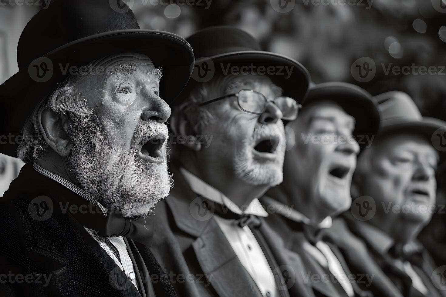 Group of men in hats singing in line photo