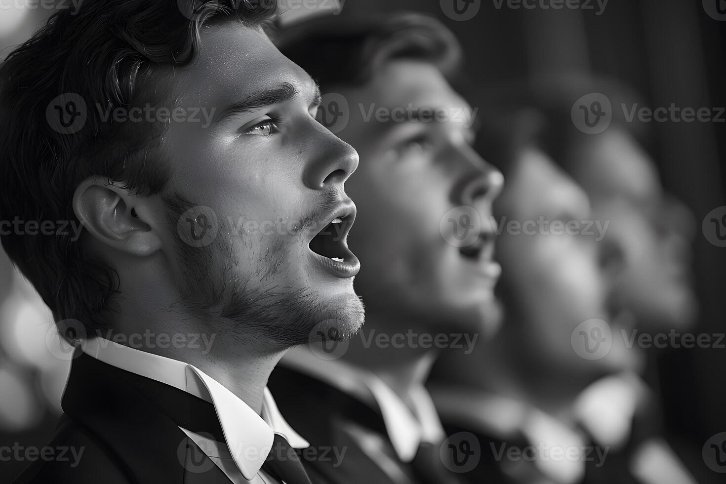 Man in a suit singing with other men in the background photo
