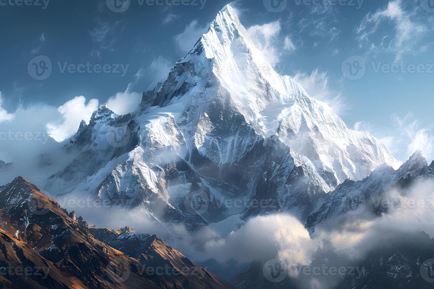 Mountains covered with snow and clouds under a blue sky photo