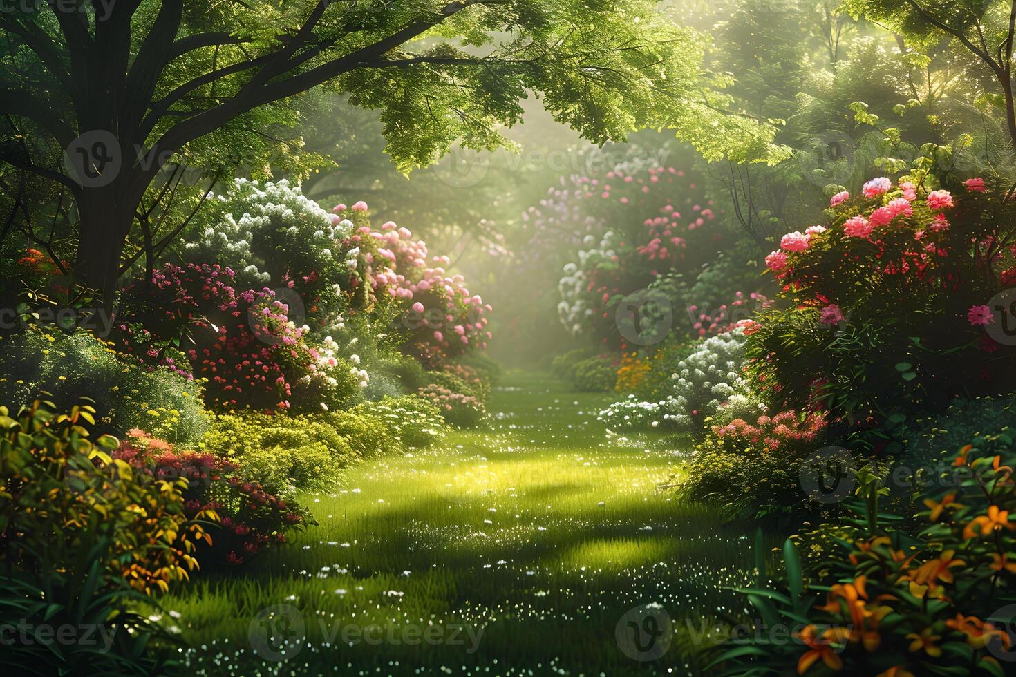 A view of a lush green forest with lots of flowers photo