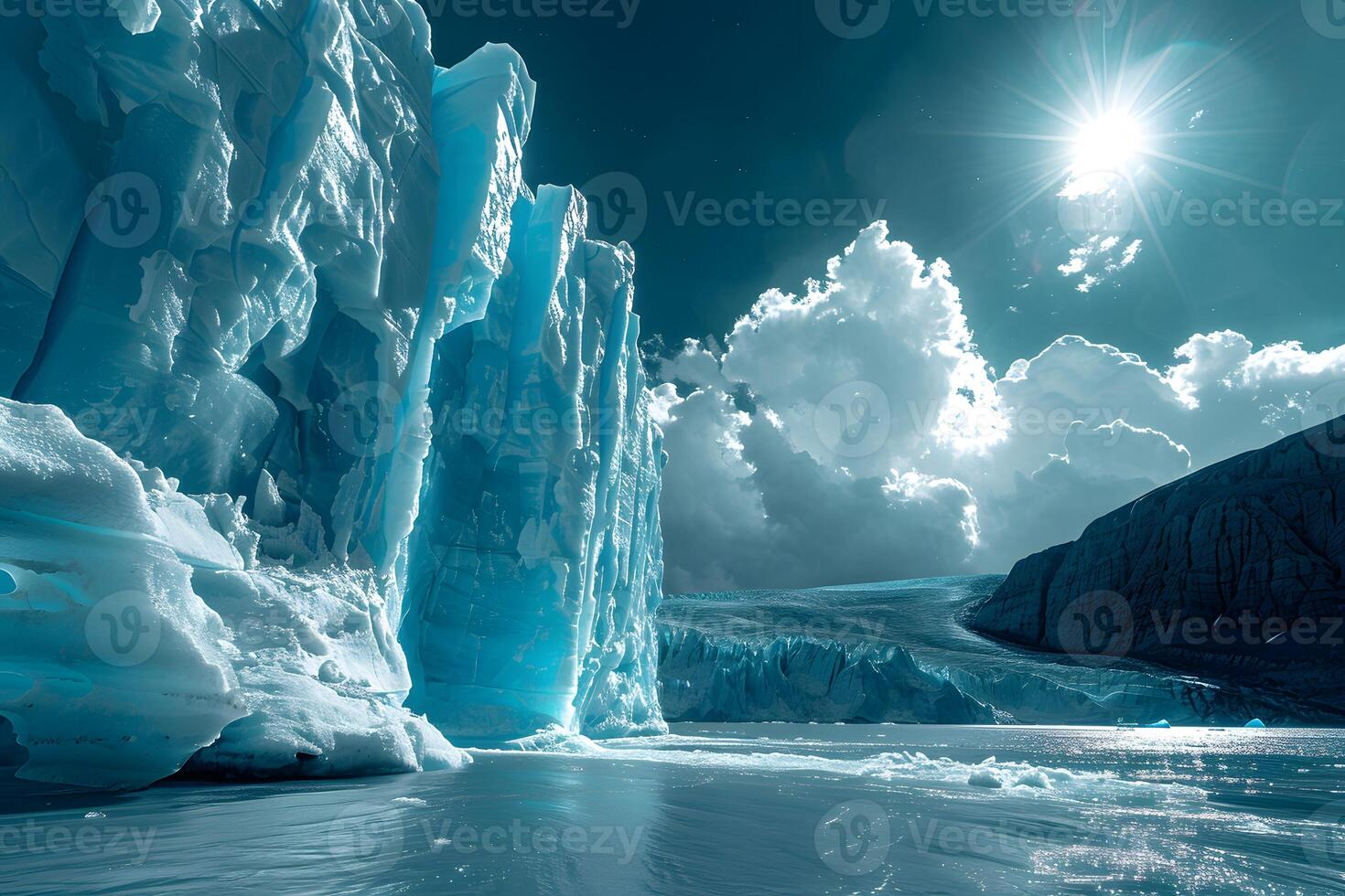 Gigantic iceberg floating in the center of a lake photo