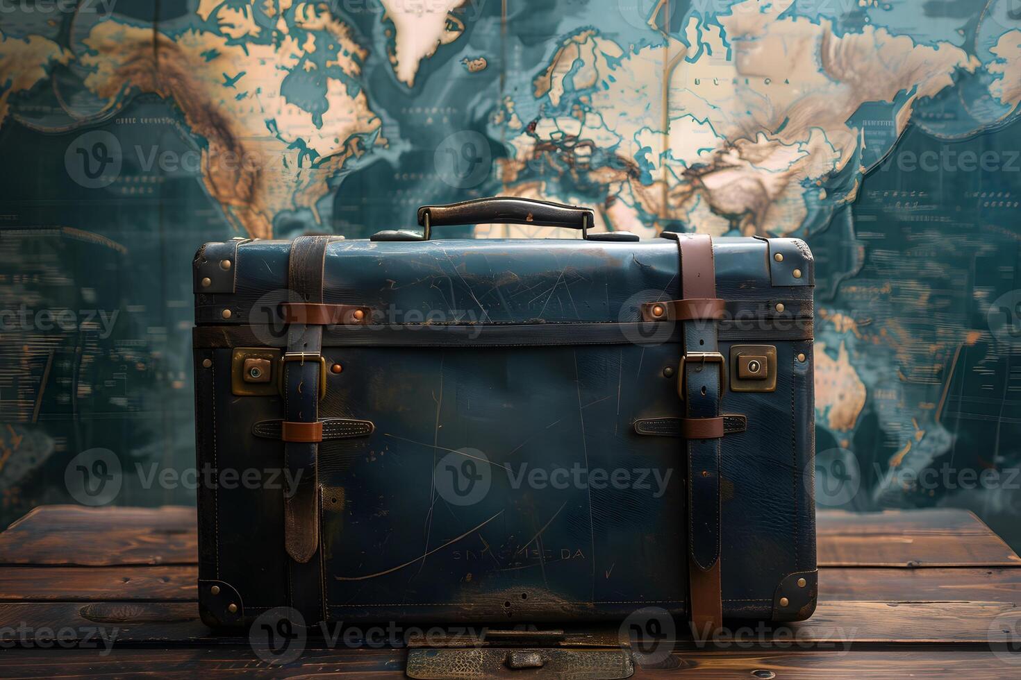 A suitcase on table with world map in background photo