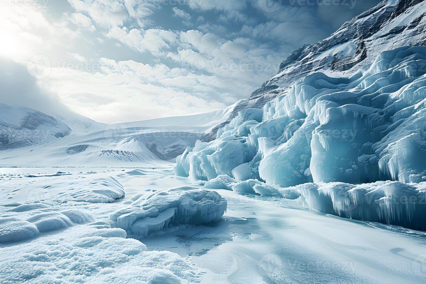 A large ice cliff covered in snow photo