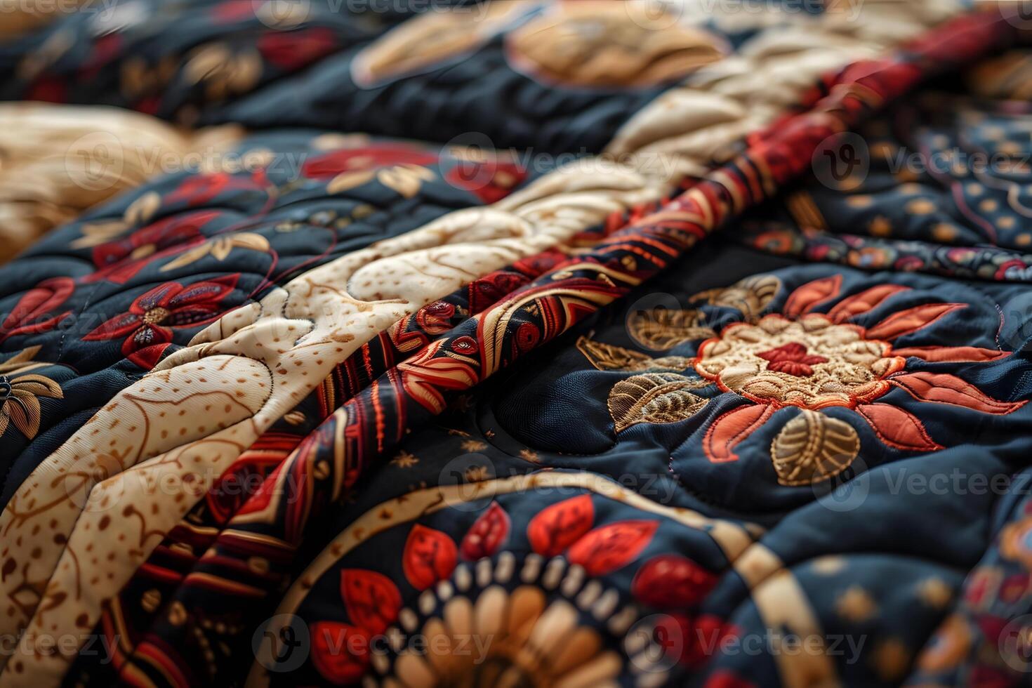 A close up of a quilted bed with a floral design photo