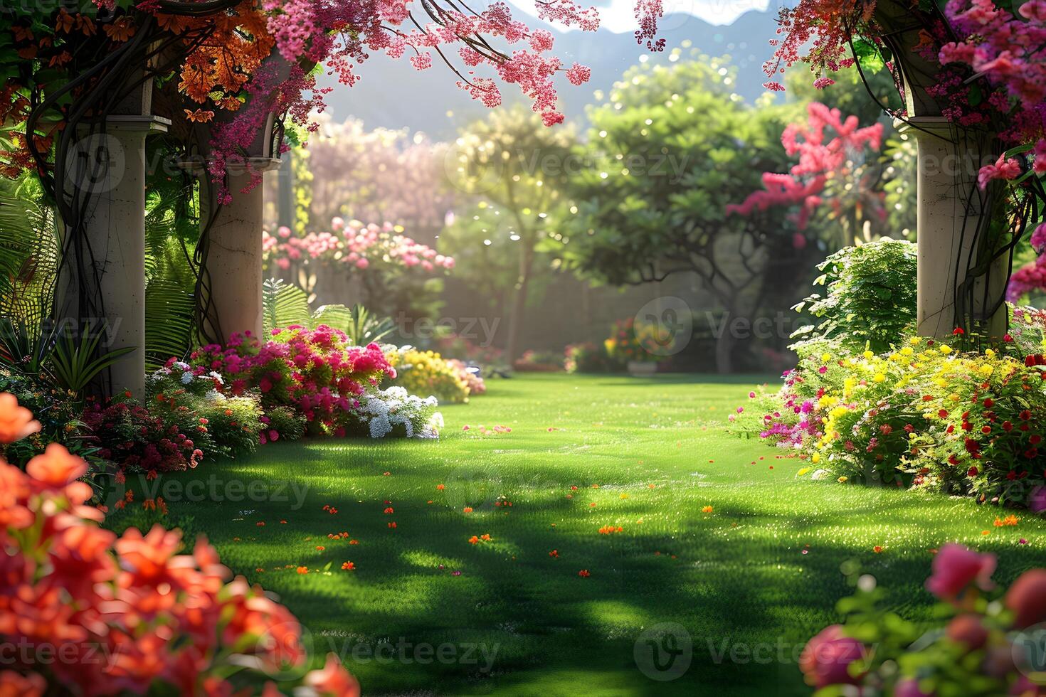 A view of a garden with a variety of colorful flowers and lush trees photo