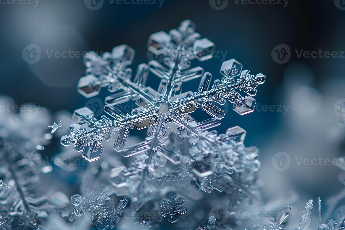 A close up of a snowflake on a plant with a blue background photo
