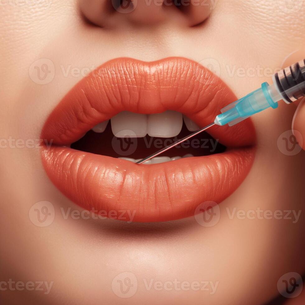 A close-up portrays the precise moment of a lip filler procedure, where a syringe administers a subtle enhancement to luscious coral lips, cosmetic beauty. photo