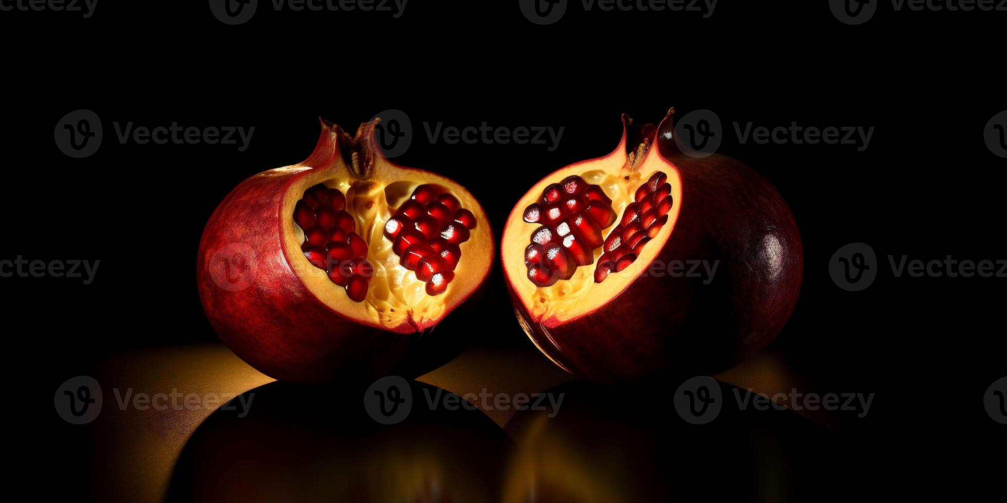 A bisected pomegranate casts a dramatic silhouette, its rich, red seeds glowing against the dark backdrop and reflective surface, creating a striking contrast photo
