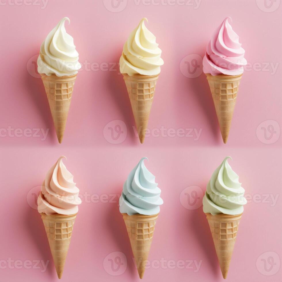 Assortment of six pastel colours soft serve ice cream cones on pink backdrop, a pastel palette evokes sweetness and joy photo