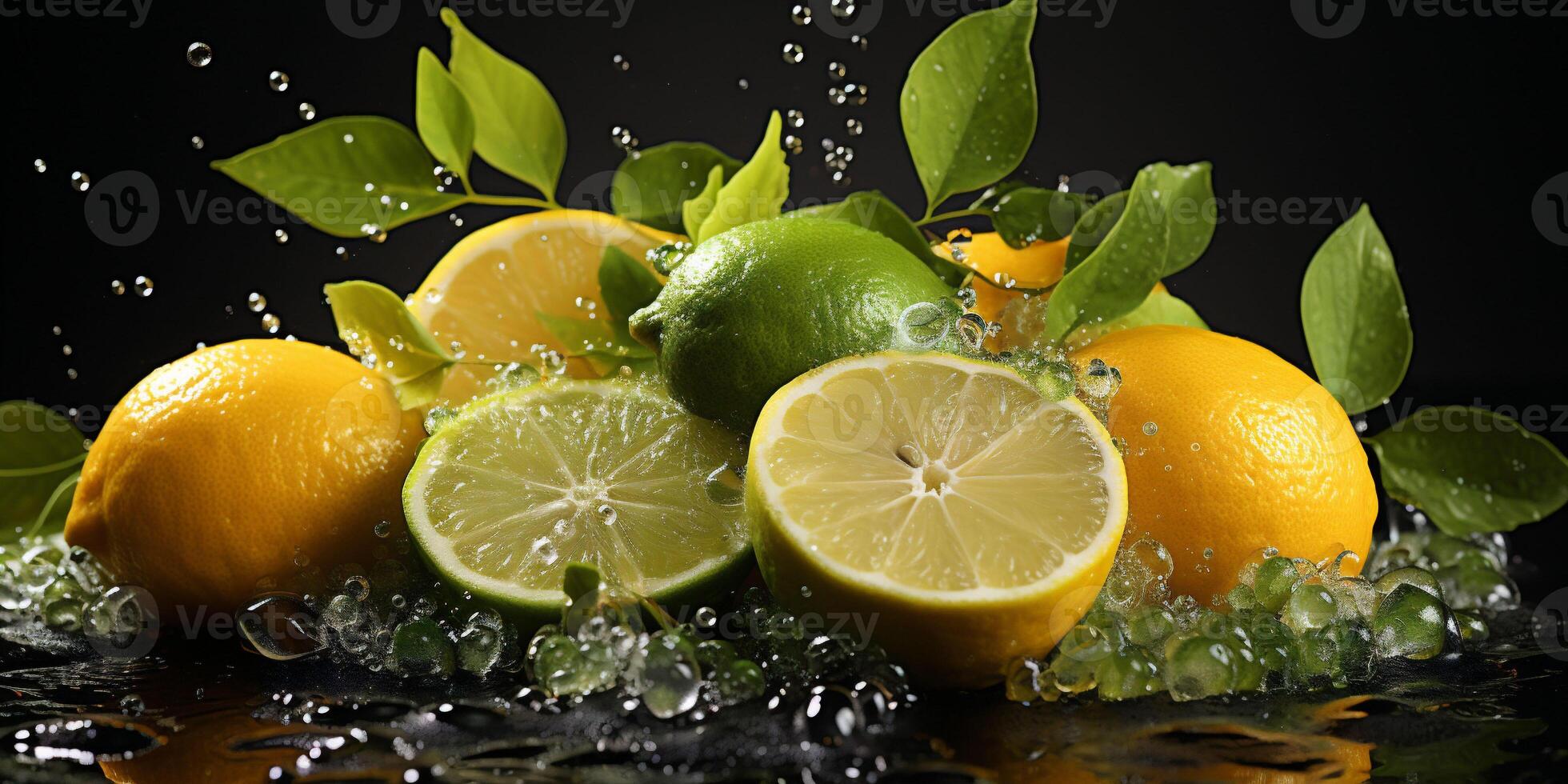 Citrus assortment. Fruit background of limes and lemons in waters splash on black background. Copy space photo