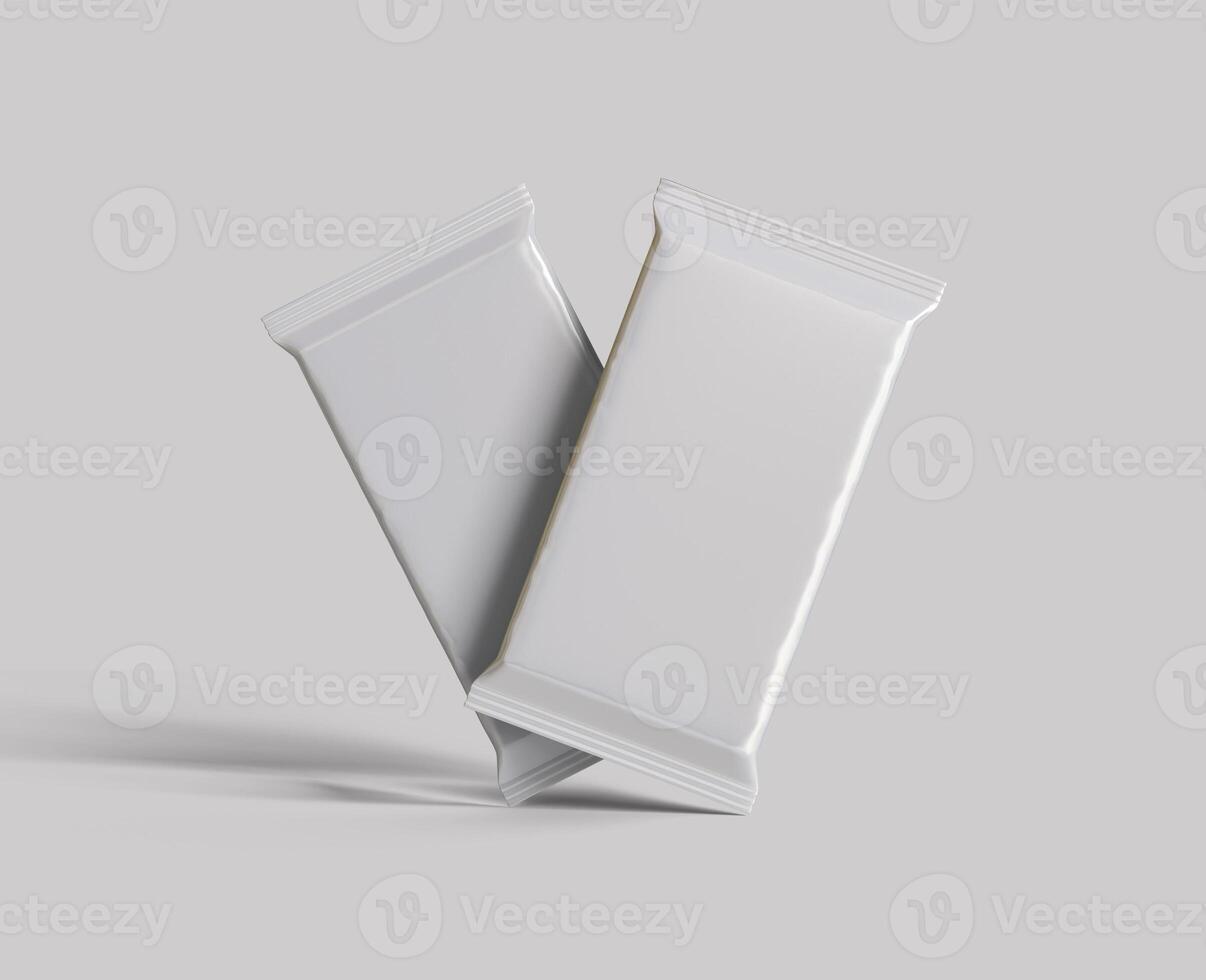 Protein bar packaging white color and foil texture realistic shadow for mockup collection on gray background rendering 3D illustration photo