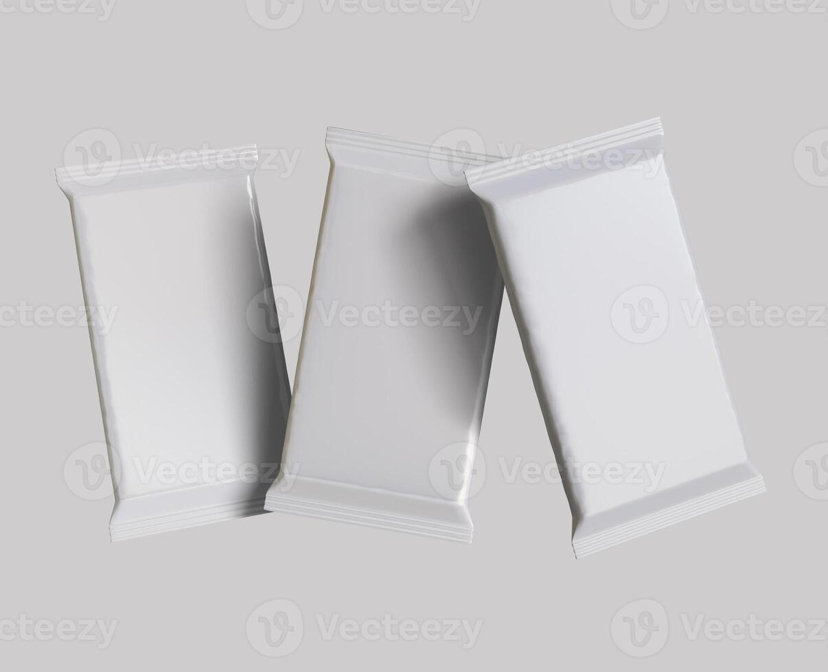 Protein bar packaging white color and foil texture realistic shadow for mockup collection on gray background rendering 3D illustration photo