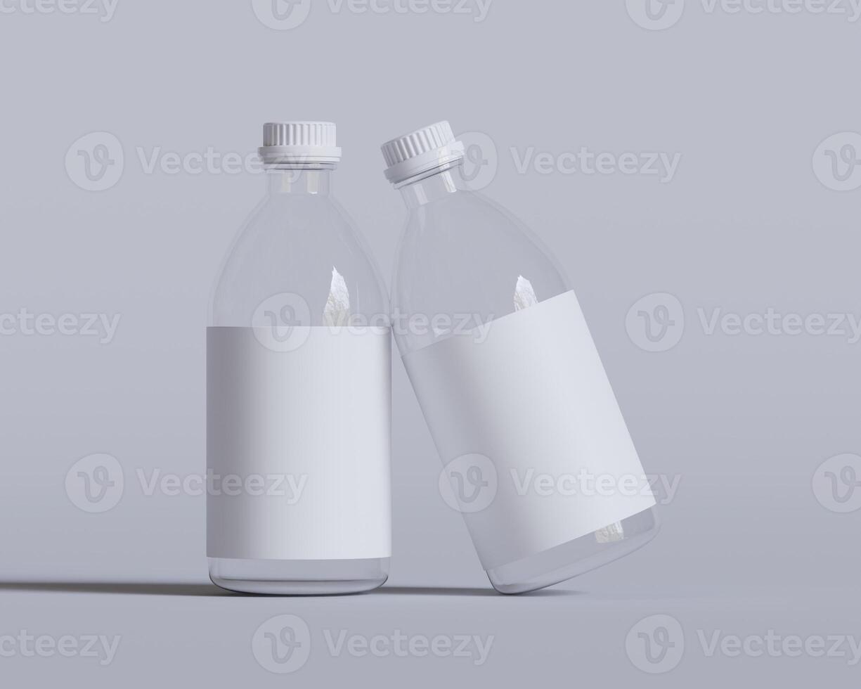 Medical glass Bottle. Medicine bottle of transparent glass with white cap isolated on white background. Mock up photo