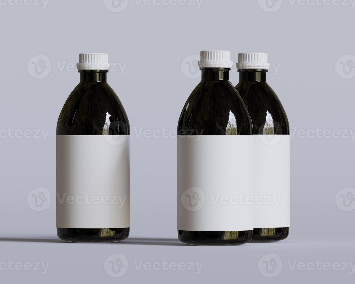 Medical Bottle. Medicine bottle of black color with white cap and blank label isolated on white background. for Mock up collection photo