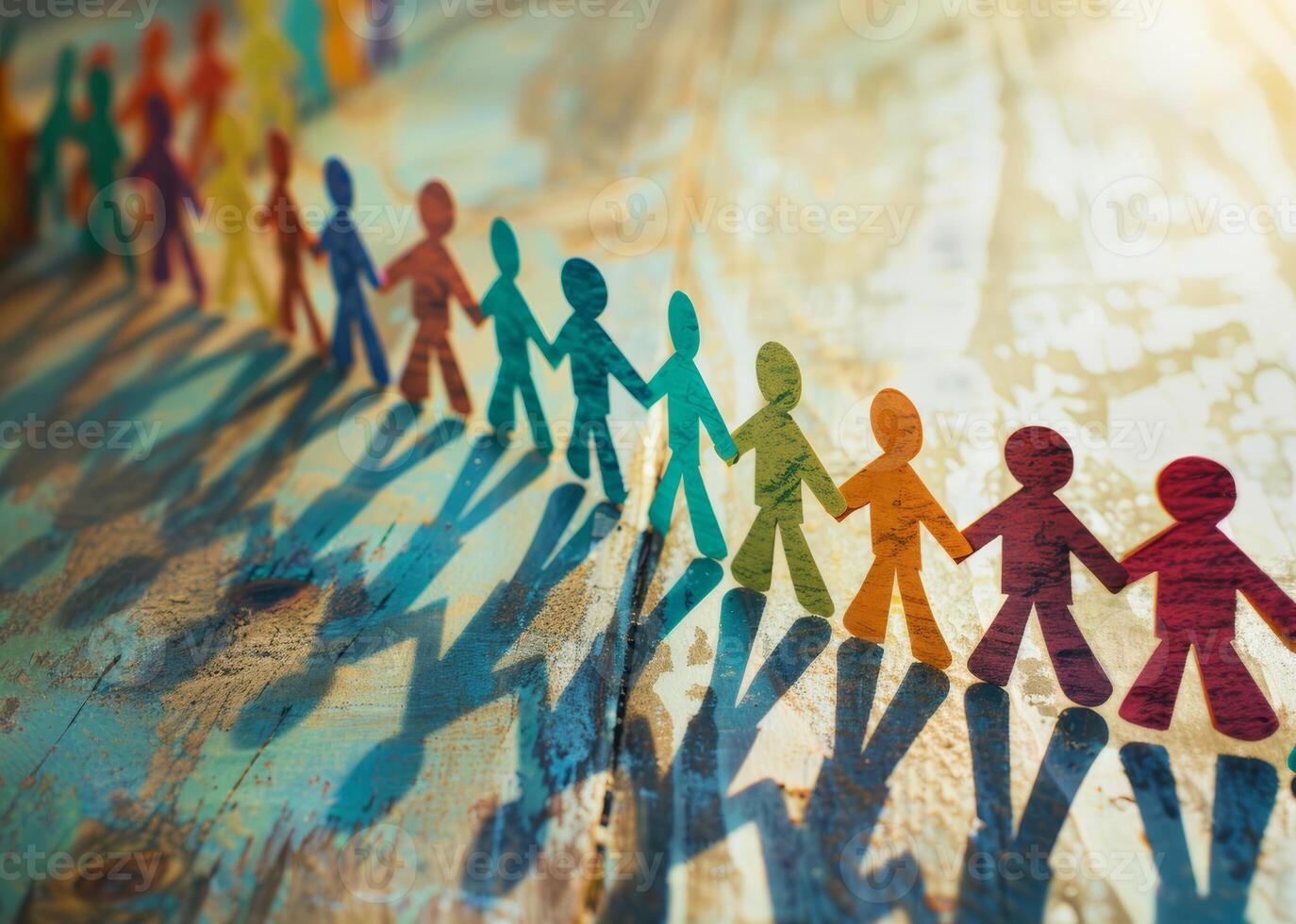 Paper Chain Man holding hands, at a bright and clean office desk, suitable for relationships and teamwork photo