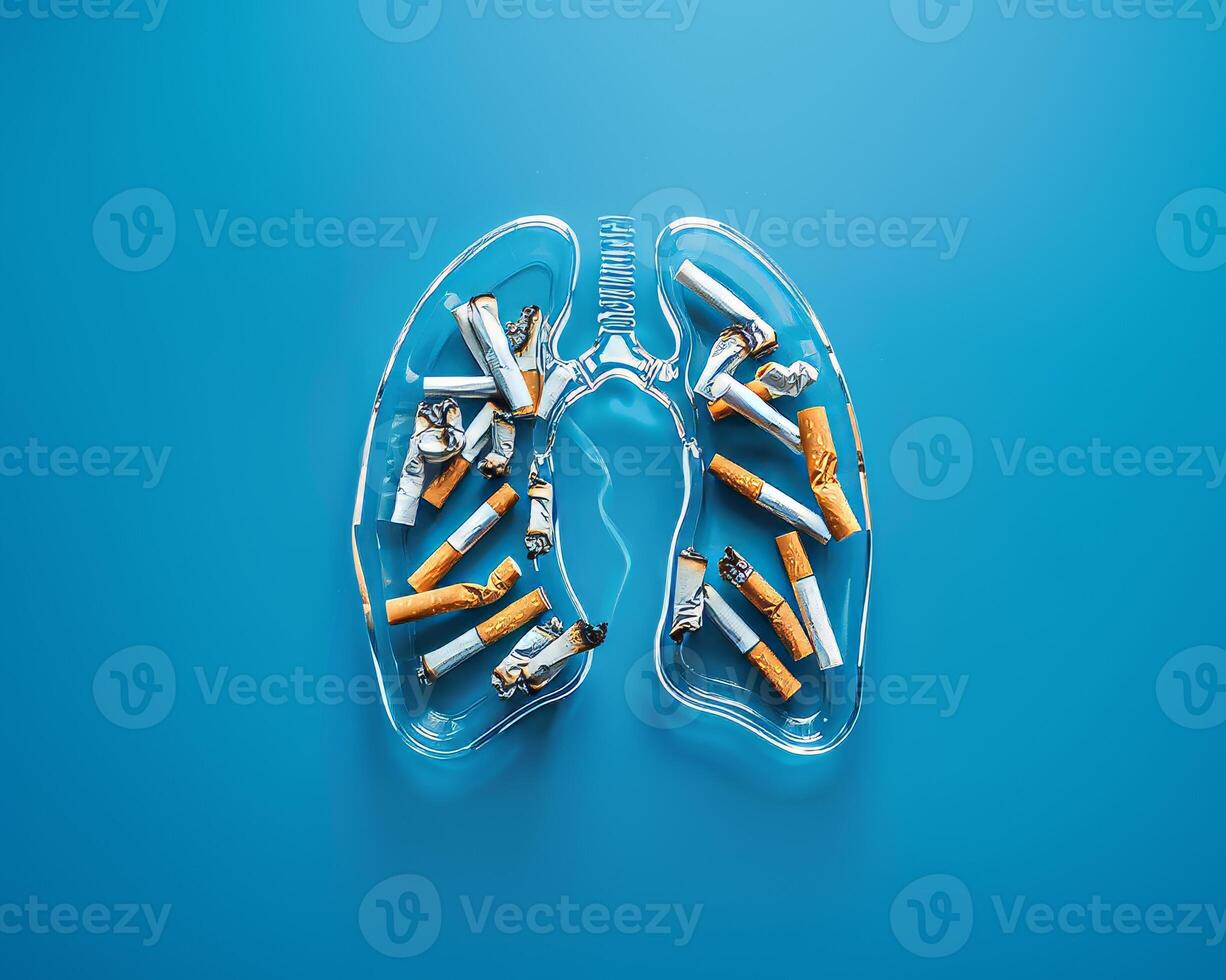 Lung-shaped glass cigarette ashtray containing cigarette butts, suitable for health education photo