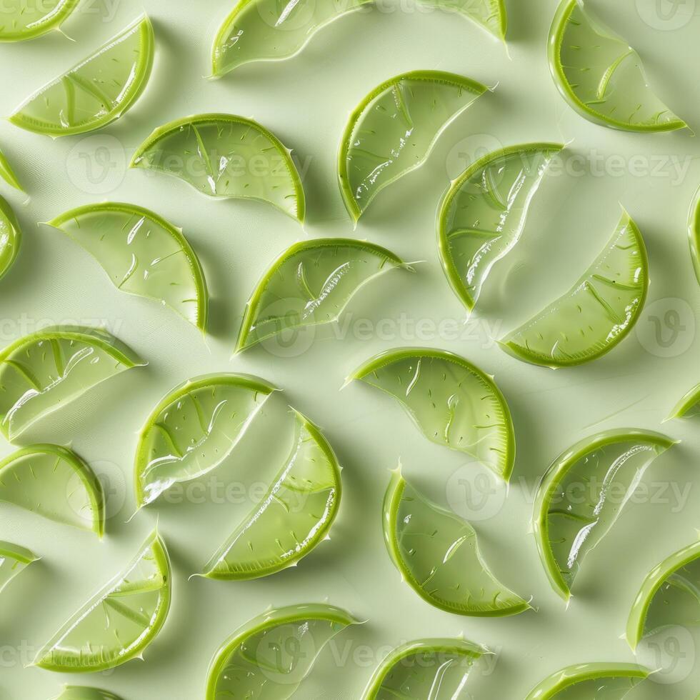 Fresh aloe vera slices soaked in aloe vera gel texture, suitable as a cosmetic background photo