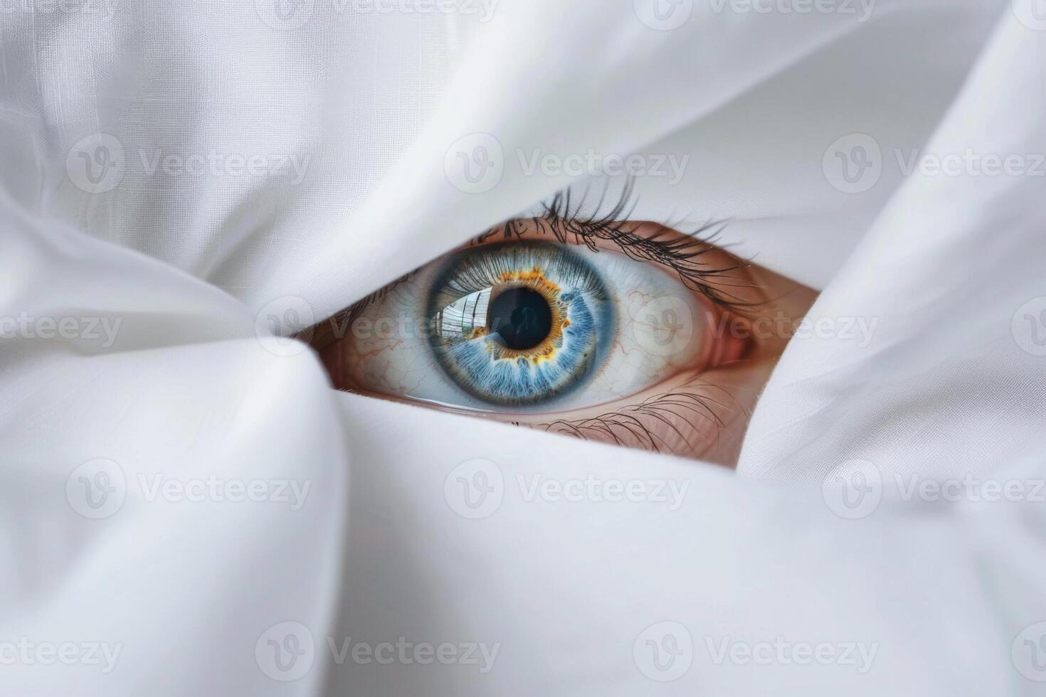 Eye peering through white fabric folds in artistic close-up photo