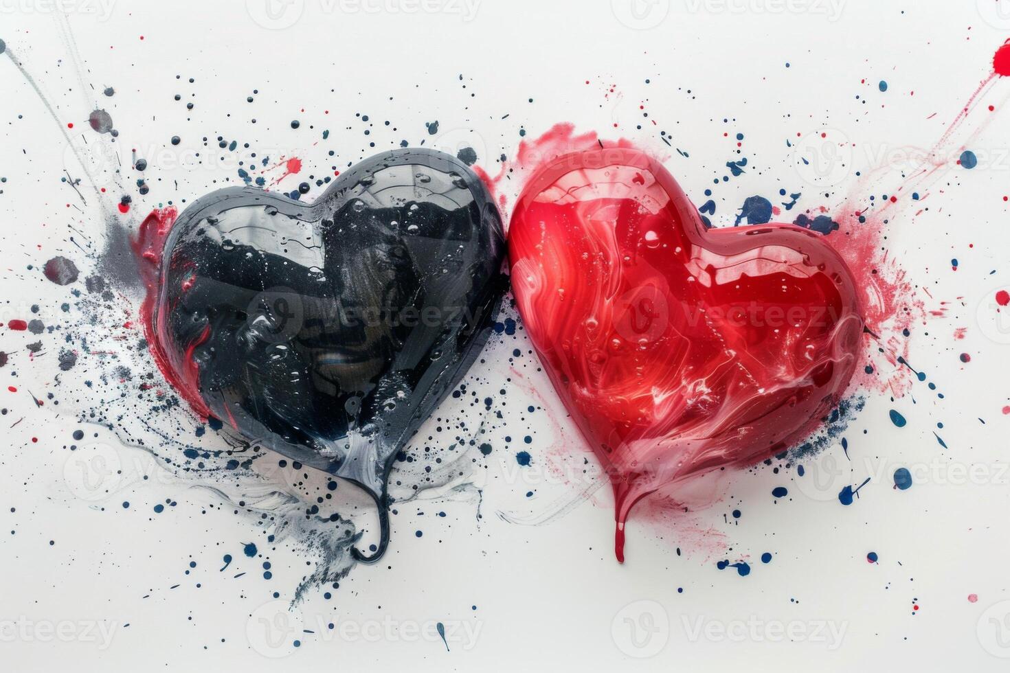 Red and black paint splashes forming heart shape on white background photo