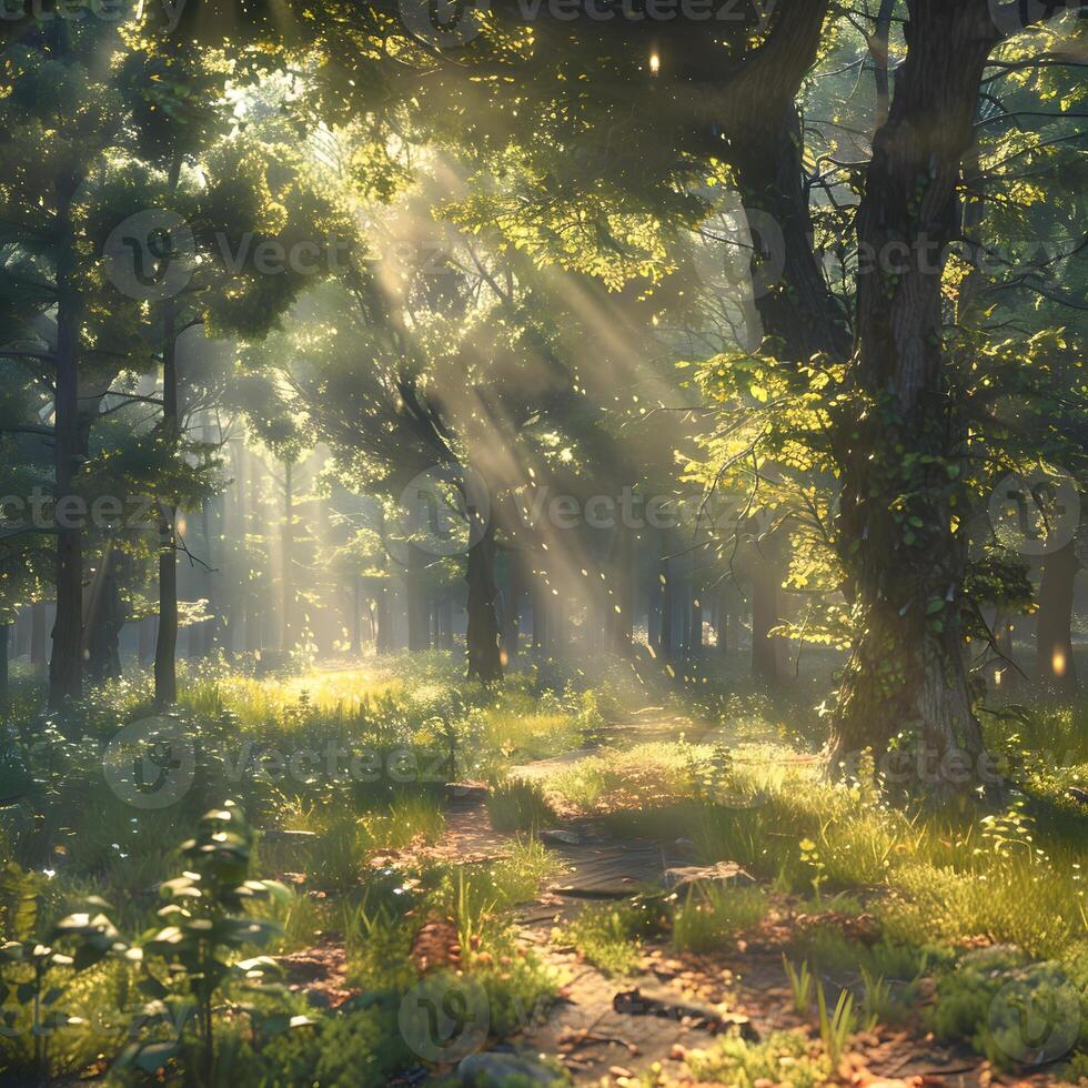 Sunlight filtering through forest trees beside a trail photo