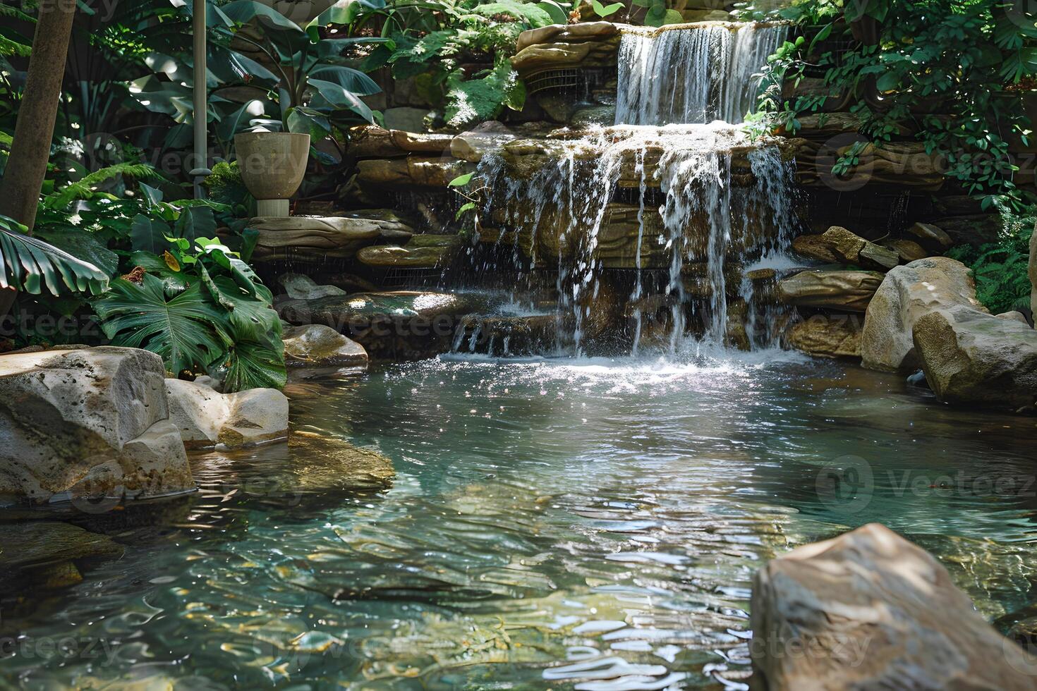 A serene pond with a central waterfall and rocky surroundings photo