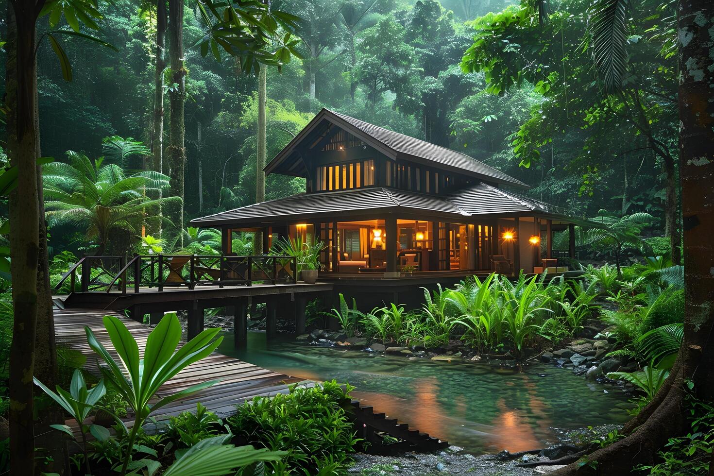 House in the middle of a forest with a bridge photo