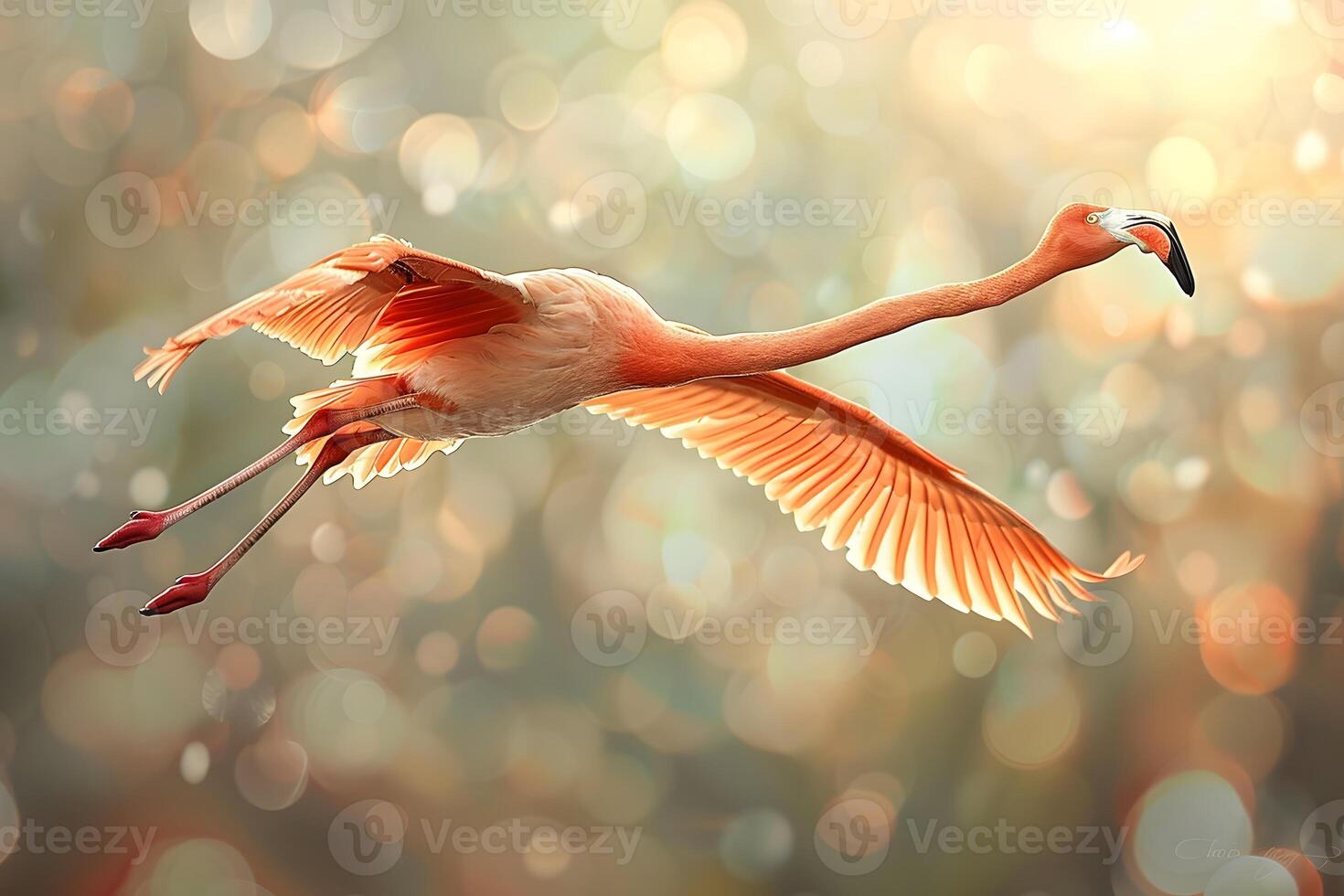 A flamingo soaring gracefully with outstretched wings photo