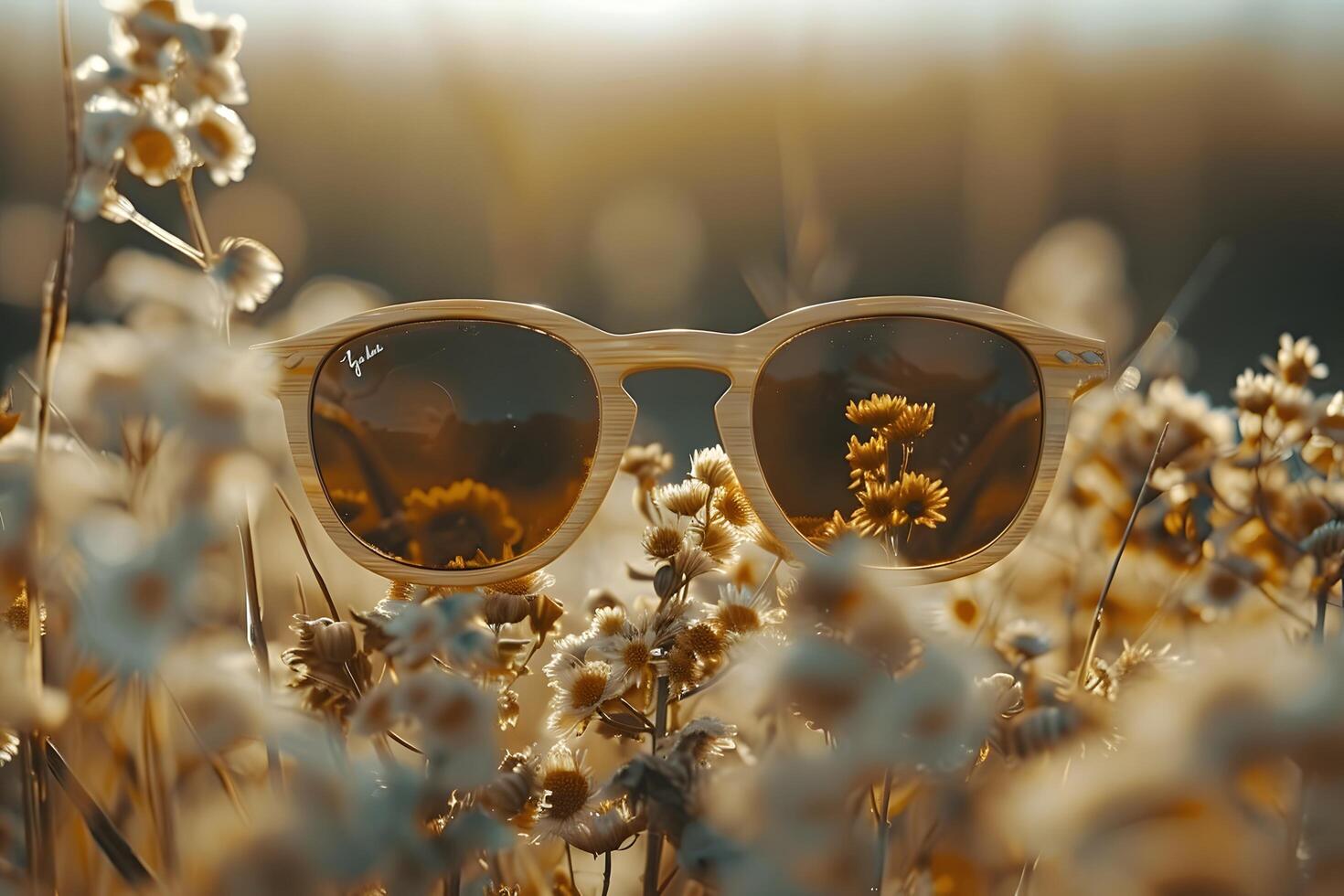 A pair of sunglasses abandoned in the meadow photo