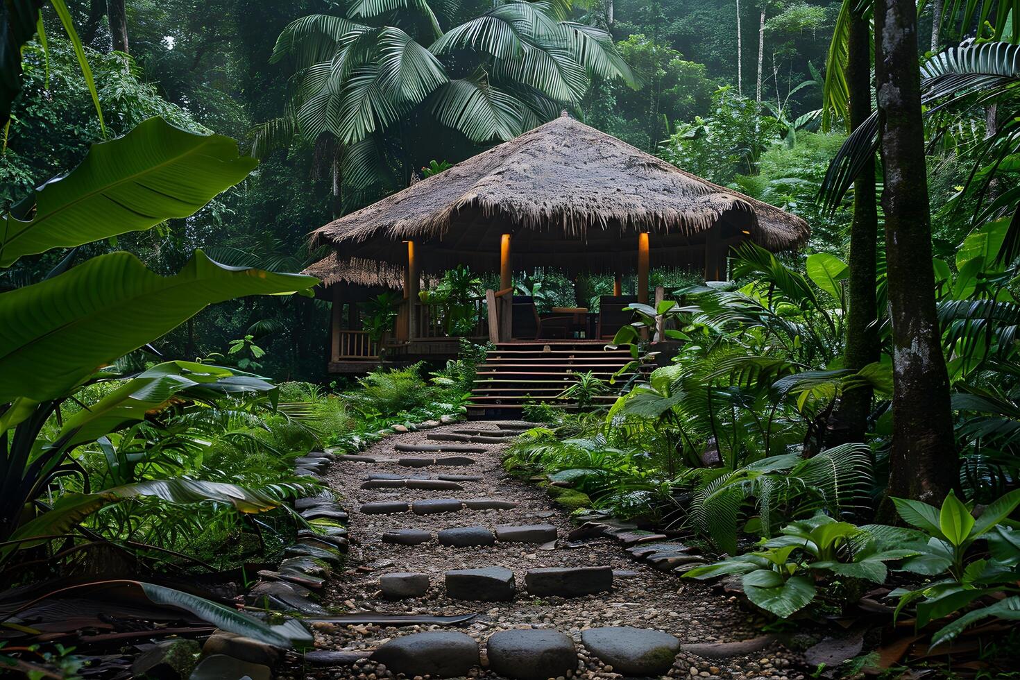 A small hut surrounded by dense forest photo