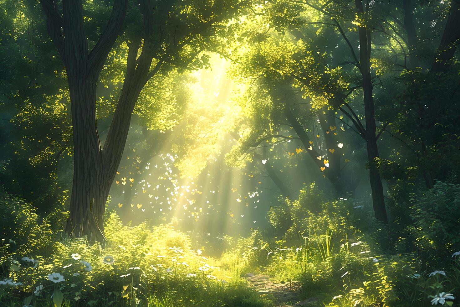 Sunlit path in forest with trees and foliage photo