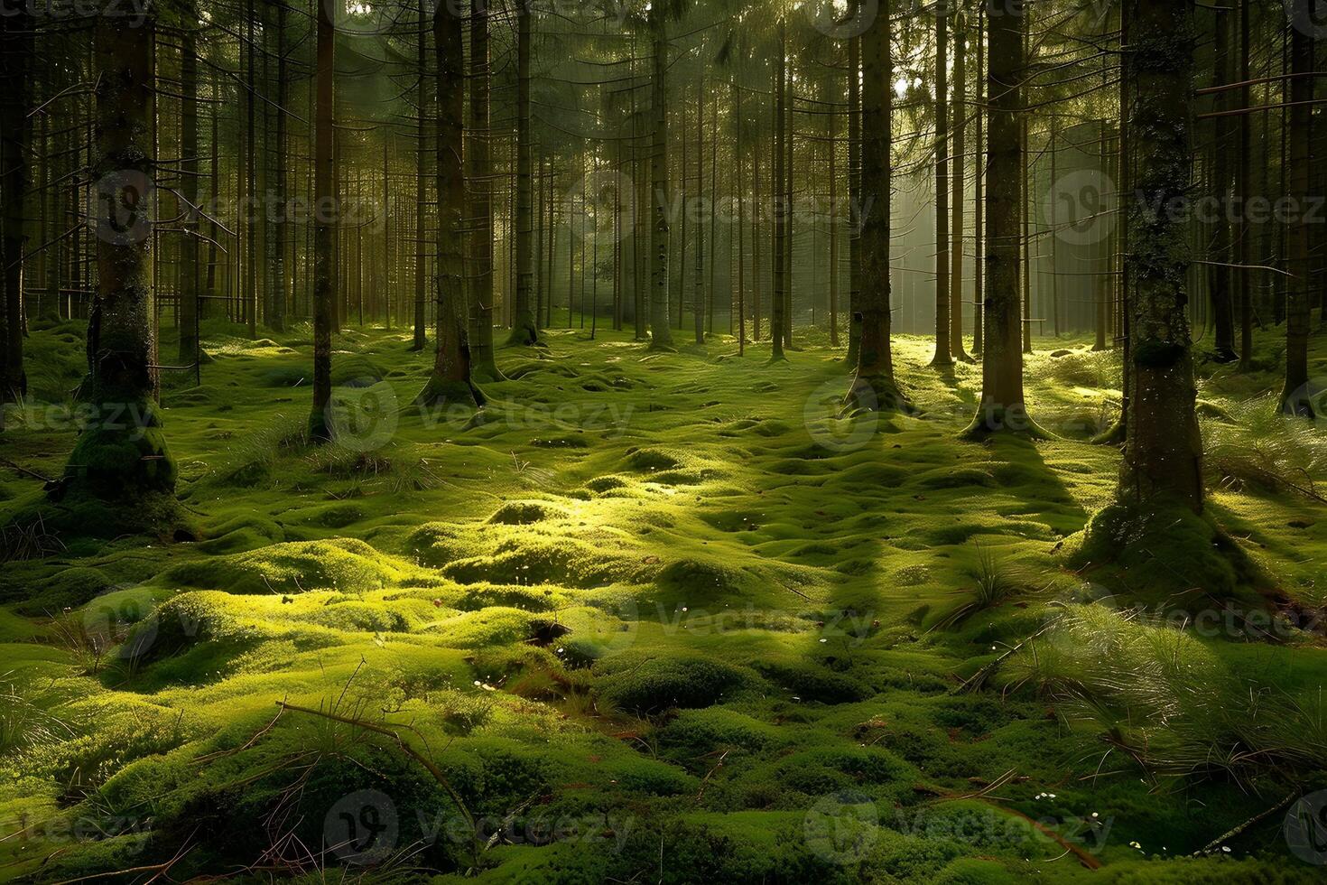 Sun shining through trees in a mossy forest photo