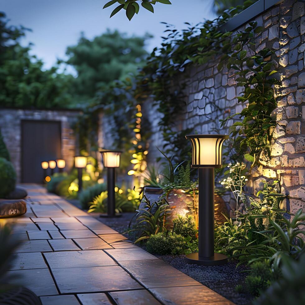 A close up of a pathway with a stone wall and a row of lights photo