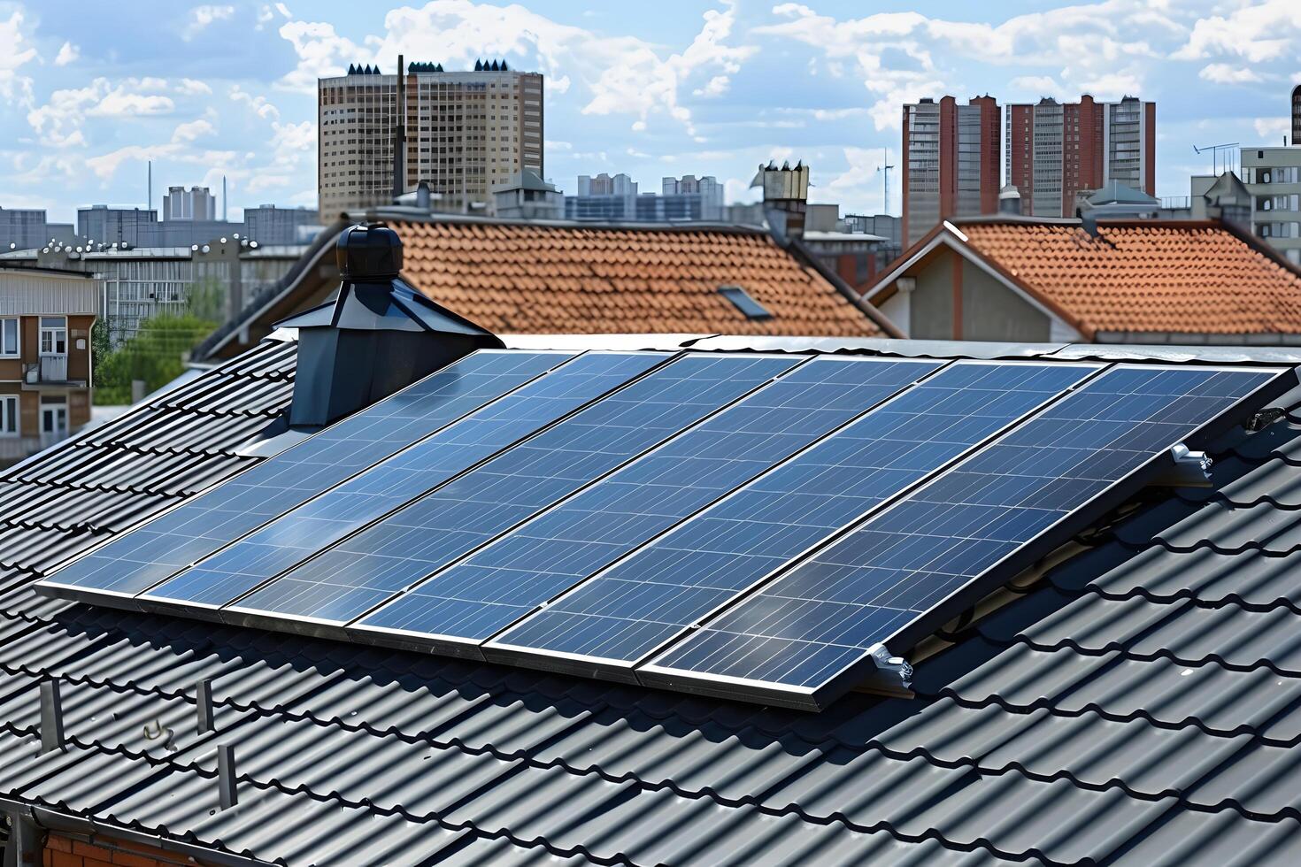 A close up of a roof with a solar panel on it photo