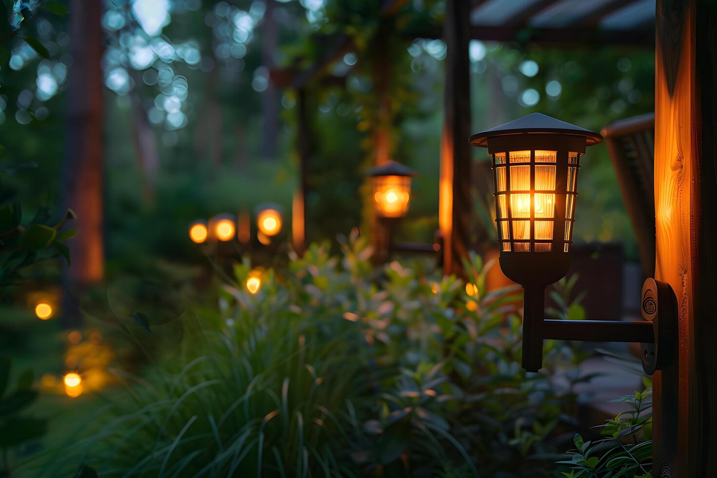 A close up of a light on a wooden post in a garden photo