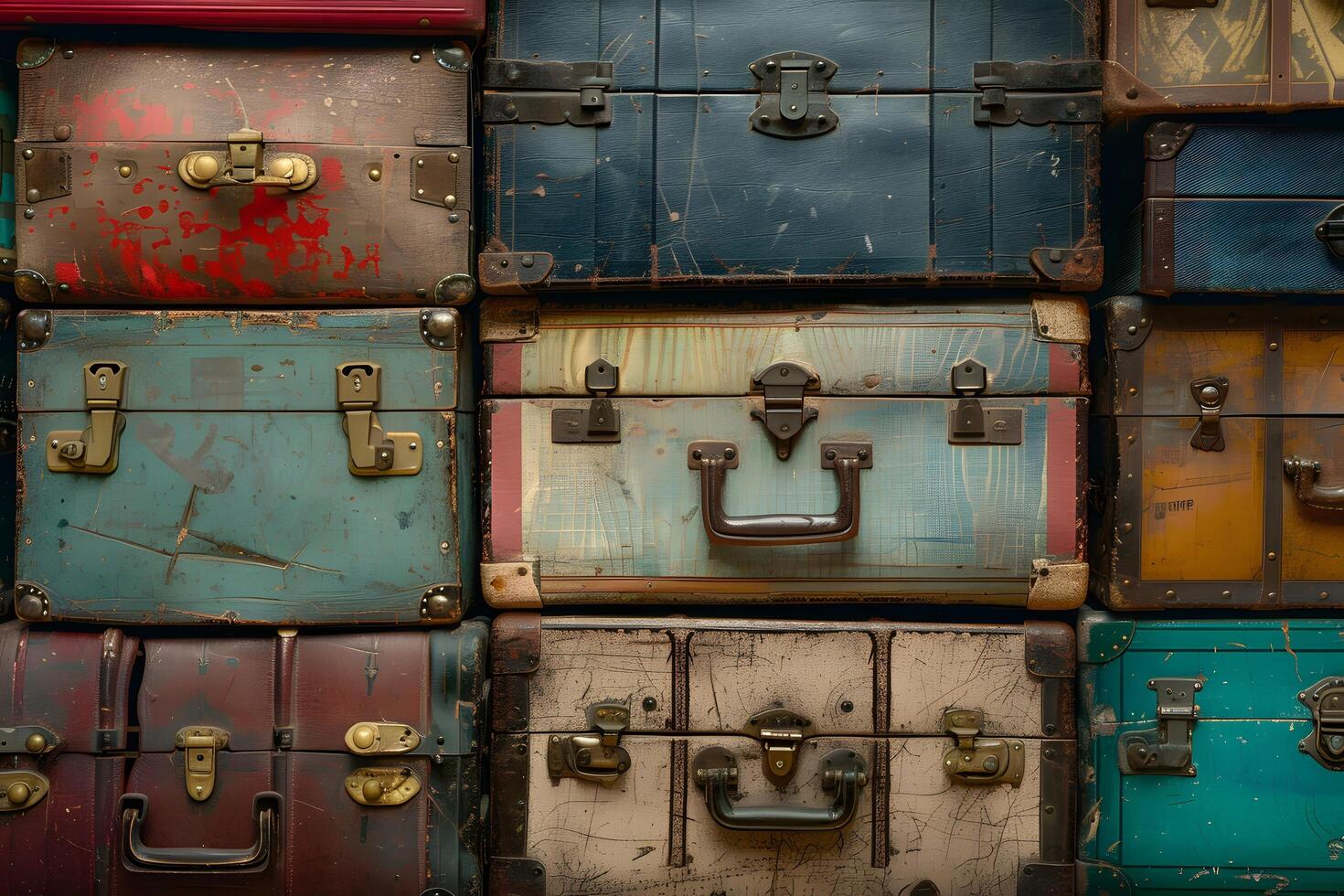 Close up of stacked vintage suitcases photo
