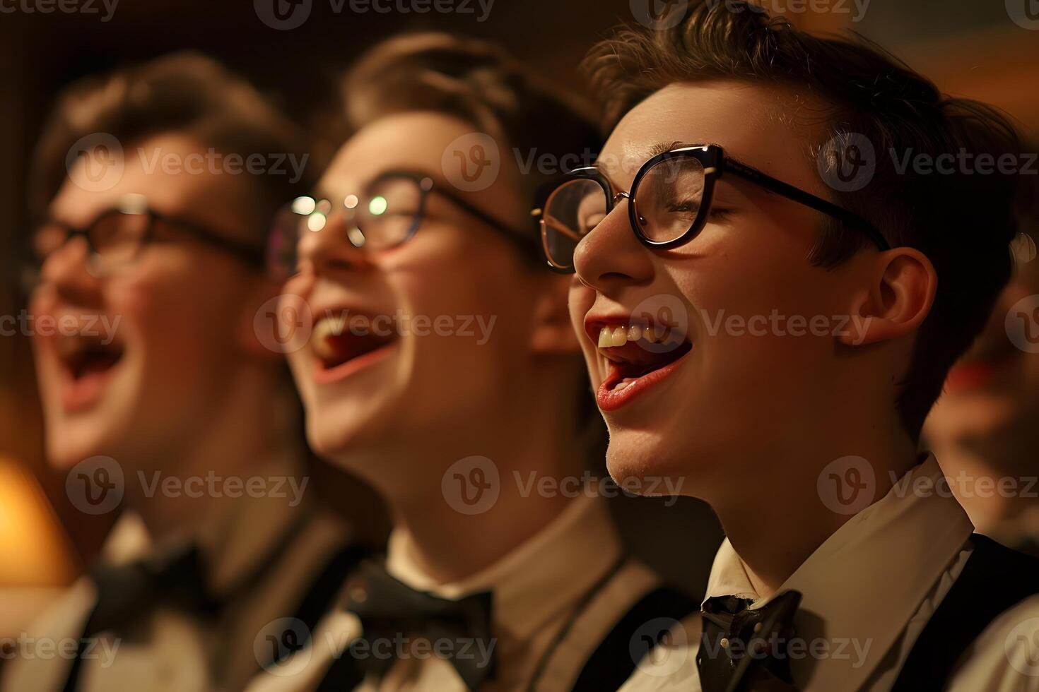 Several young men in glasses are singing and laughing together photo
