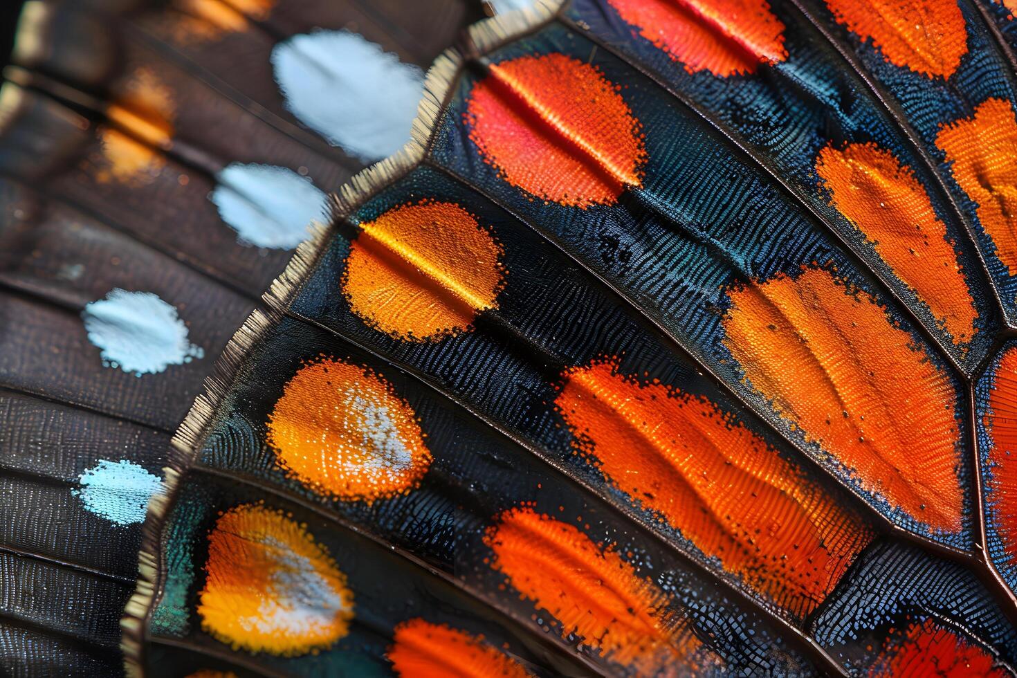 Close up of colorful butterfly wing with orange and blue spots photo