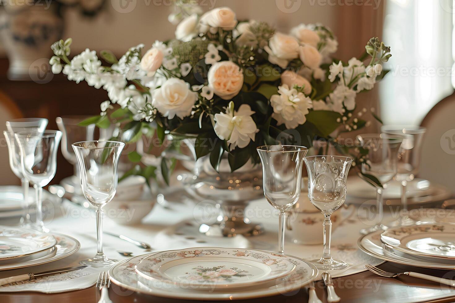 Table set with flower vase and plates photo