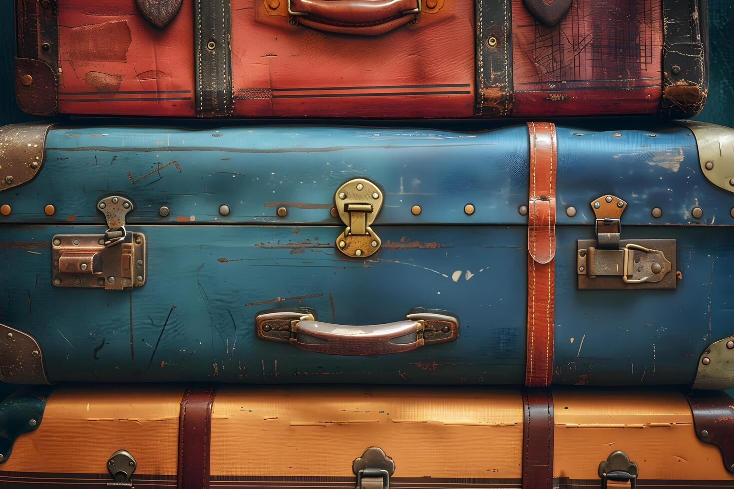 Close up of three suitcases with handles photo