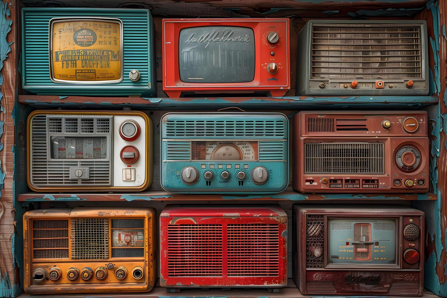 Old fashioned radios displayed in a close up shot photo