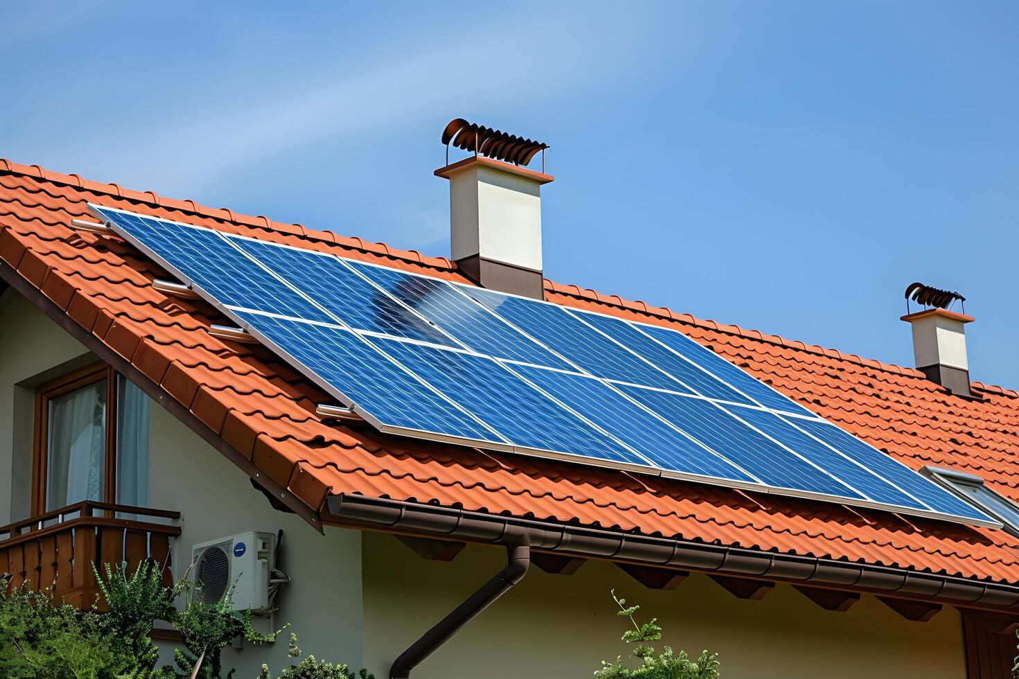 A close up of a house with a solar panel on the roof photo