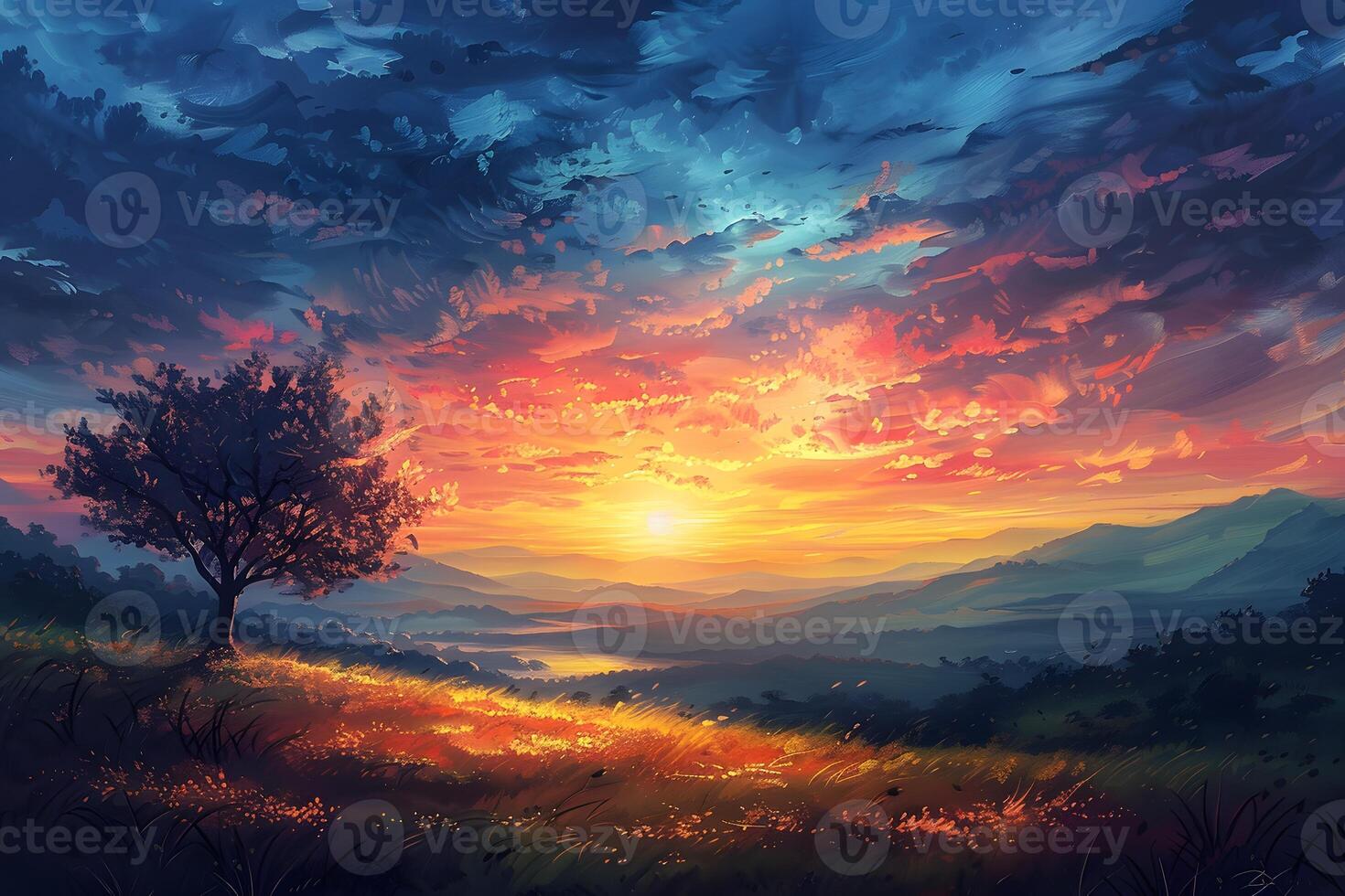 Painting of a lone tree under a sunset photo