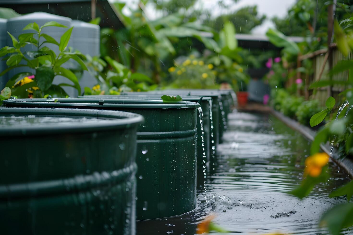 Many green barrels lined up in the rain photo